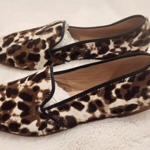 JCrew Sz 6 1/2  Cora Leopard Animal Print Calf Hair Leather Loafer Flat Shoes